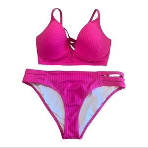 Shade & Shore Ribbed Bikini Swimsuit Longline Underwire Top 36B Bottom Small